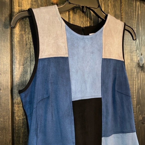 Spense Patchwork Dress 4 Denim Blue Grey Faux Suede Sheath Vtg Stretch Boho 90s - Picture 2 of 13